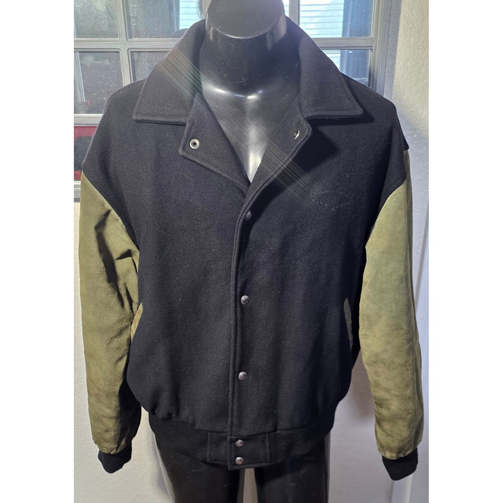 Dual Control Varsity Jacket Mens XL Black Wool Olive Green Suede Snap Bomber